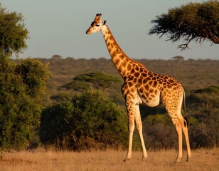 Fototapeta premium Striking Stripes: A Giraffe Stands Tall Against the African Sky, Generative AI