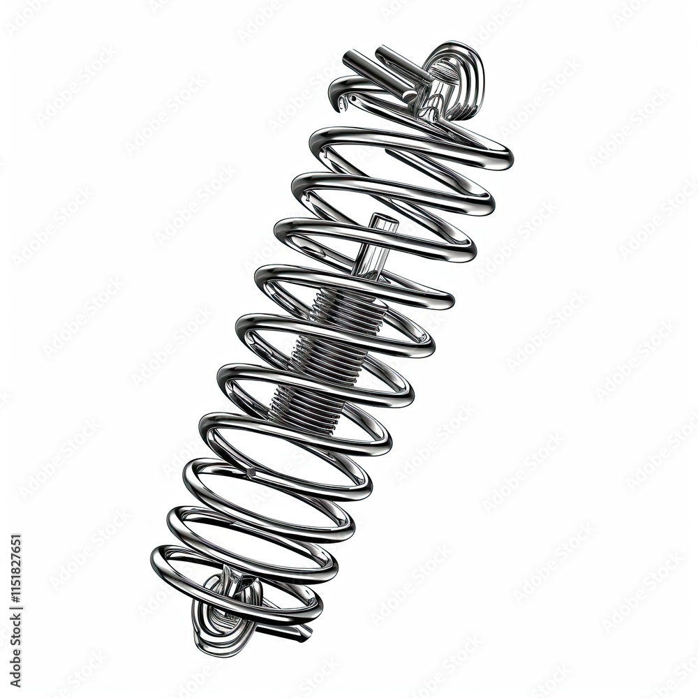 Poster a metallic coil spring with a central rod, designed for compression and tension applications. isolat