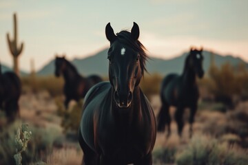 Obraz premium herd of beautiful black horses in a dessert setting with cactuses, golden hour, running, dynamic, most beautiful