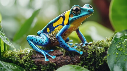 Naklejka premium Vibrant Blue and Yellow Frog on Green Leaves