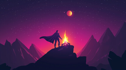 Illustration of a Hero by a Campfire Under a Starry Sky in a Minimalistic Style