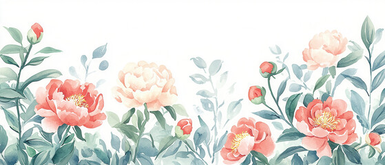 Chinese Lunar New Year. Delicate watercolor flowers in soft pink hues with lush green leaves.