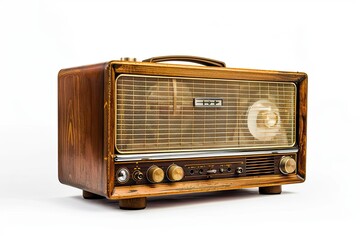 Vintage wooden radio with a classic design and analog controls. isolated on white background