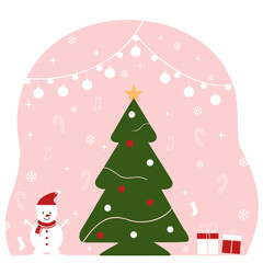 A festive Christmas illustration featuring a decorated Christmas tree with ornaments and a star topper, a cheerful snowman wearing a Santa hat, and wrapped gift boxes.
