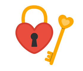 Heart lock and key. Love icon. Romantic symbol. Valentine's day sticker. Flat Vector illustration isolated on white background 