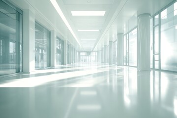 Bright, modern hallway with glass walls and columns.