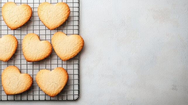 Freshly heart shaped cookies on cooling rack and copy space, for valentine's day