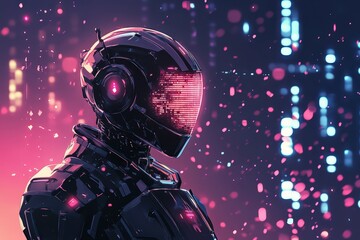 Futuristic Robot Stands in Neon City Lights