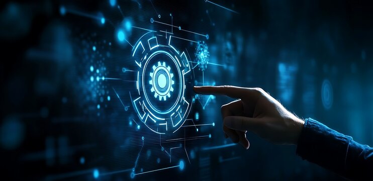 Hand pointing at a digital gear interface, representing technology and innovation.