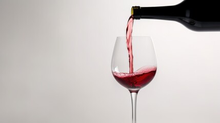 A minimalist shot of a bottle of red wine carefully pouring into a tilted glass, with rich wine tones contrasting against a clean white background