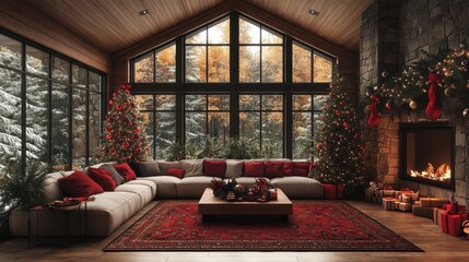 Fototapeta premium Christmas cozy living room celebration indoor luxury modern fireplace light