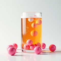 Glass container with fizzy orange liquid and white pills floating on surface surrounded by pink spheres, objects, liquid, bottles