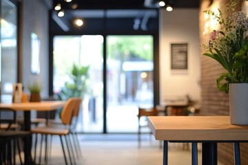 Light wood table in modern cafe interior with blurred background.