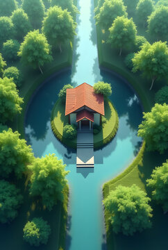 House surrounded by artificial river which can be created by human and both the house and river surrounded by trees in squate shave property. Show it from sky view.
