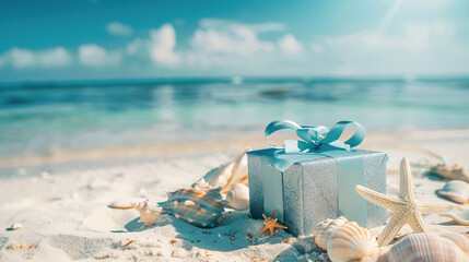 Holidays celebration on the exotic place. Present or gift box with a bow placed on the sandy beach. Surprise, happiness, and holiday gifting. Copy paste empty place for text