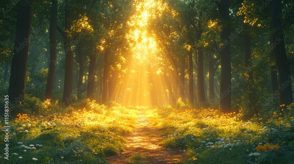 Poster sunbeams illuminate a path through a mystical forest with wildflowers.