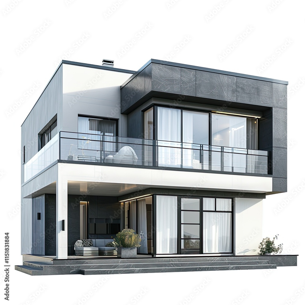 Poster modern two-story house with a sleek design and large windows. isolated on white background