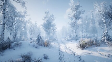 Obraz premium Snowy forest path with frosty trees, winter atmosphere.