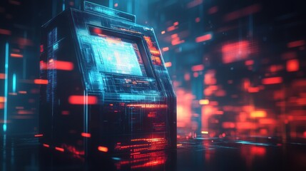 Futuristic ATM machine with glowing digital interface in a vibrant, neon-lit city setting.