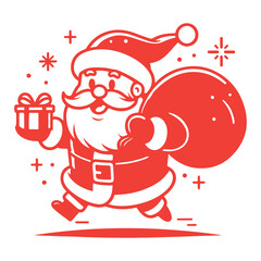 Santa Claus carrying gift bag and present. Red cartoon vector illustration perfect for festive Christmas designs and holiday cards