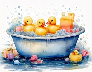 Illustration of a watercolor bubble bath with rubber duckies and pastel soaps