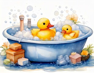 Illustration of a watercolor bubble bath with rubber duckies and pastel soaps