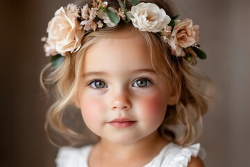 Fototapeta premium This delightful image features a young girl proudly wearing a flower crown, with soft curls and a bright smile that conveys joy amid a serene setting filled with natural light.