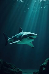 Fototapeta premium Shark illuminates dark waters with eerie glow, ocean, mysterious, shark