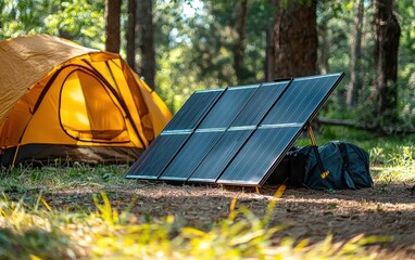 Portable foldable solar panels set up outdoors in a camping setting