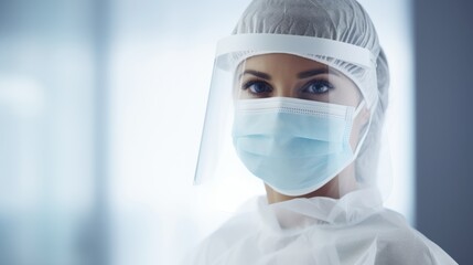 A poised and confident healthcare worker in full protective gear, her mask and goggles emphasizing hygiene and care, standing against a minimal white background