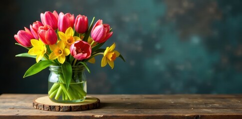 Tulip bouquet with narcissus centerpieces on rustic wooden table, table, rustic, flowers