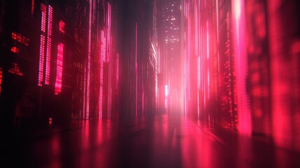 Obraz premium Futuristic city alleyway with vibrant pink and red light effects, data streams, and digital cityscapes.