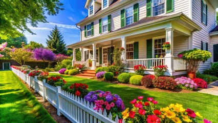 Intricate macro details of a colonial house: white clapboard, flourishing flower bed, manicured lawn.