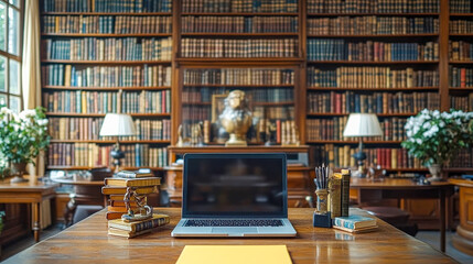 Minimalist desk setup with a laptop, books, plants, and a yellow notepad in a cozy library background
