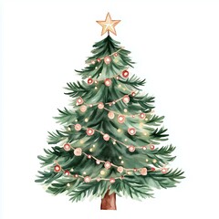 Fototapeta premium Christmas tree decorated with ornaments and lights, white isolated background, watercolor style