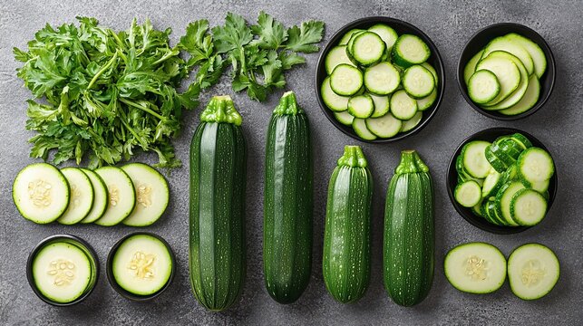 Fresh green zucchini and herbs arranged on a grey background.