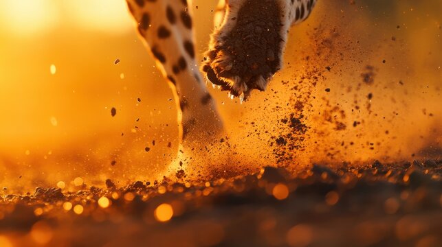 A powerful image of a cheetah paws kicking up dirt as it races across the savannah, with the warm tones of the setting sun casting long shadows
