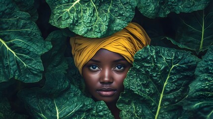 A woman partially hidden among large green leaves, wearing a yellow headwrap, conveying nature and beauty.