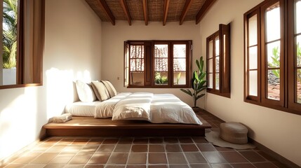 Serene Bedroom with Wooden Beams and Large Windows