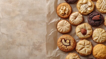Delicious assorted cookies with nuts are beautifully arranged on crumpled parchment paper, creating an inviting display of flavors. This image of delicious cookies offers ample copy space.