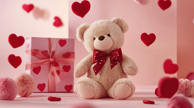 Cute Teddy Bear with Gift Box and Floating Heart Decorations for Valentine's Day