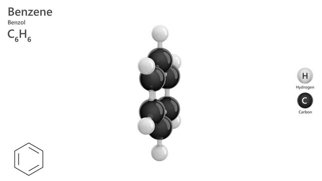 Benzol (Benzene). Animated 3D model of a molecule. Molecular formula: C6H6. Chemical model: Ball and sticks. White background. 3D rendering. Seamless loop.