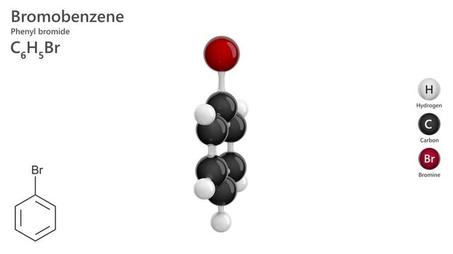Bromobenzene or phenyl bromide. Animated 3D model of a molecule. Molecular formula: C6H5Br. Chemical model: Ball and sticks. White background. 3D rendering. Seamless loop.
