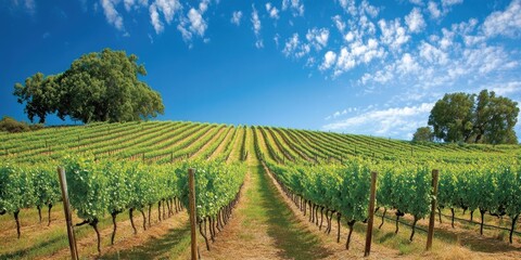 Naklejka premium A picturesque vineyard showcases meticulously organized grapevines set against a bright blue sky. Enjoy the beautiful vineyard landscape.