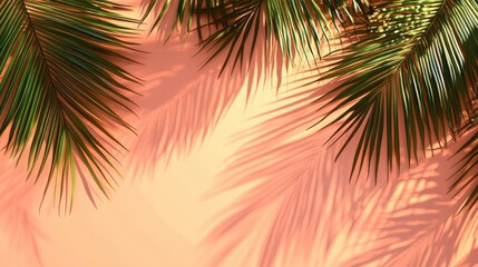 Palm leaves create a striking visual on a bright peach background, casting shadows that enhance the tropical feel. Ideal for designs needing elegance and natural beauty, with ample copy space.
