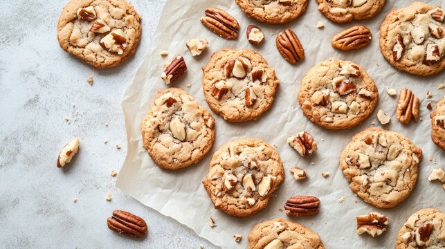 Delicious assorted cookies with nuts are beautifully arranged on crumpled parchment paper, creating an inviting display of flavors. This image of delicious cookies offers ample copy space.