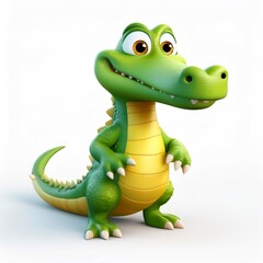 Fototapeta premium Smiling green cartoon crocodile standing playfully, radiating cheerful mood on crisp white background