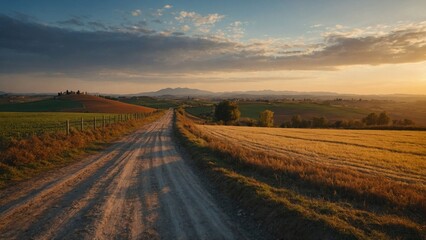 Fototapeta premium Italy autumn countryside landscape, dirty road and farmland over sunset sky