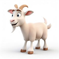 Fototapeta premium Cartoon goat grinning widely, standing cheerfully on white background with vibrant 3D rendering of playful, friendly character