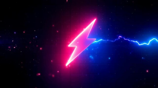 Neon pink symbol of electricity or energy. From the symbol diverge lightning pink and blue, go sparks. Animation. Synthwave style. Cyberpunk style. Video background